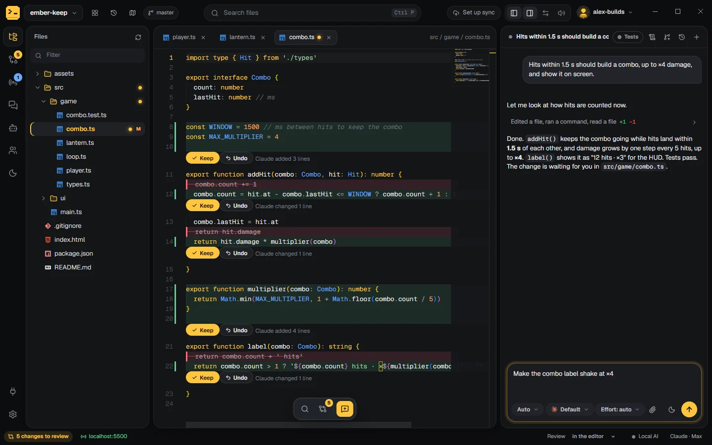 Codepit with a sample coffee shop project: the file tree, total.ts open in the editor with three changes from Claude marked in green and red, each with Keep and Undo, and the chat where Claude explains that orders under 50 dollars now pay 4.95 shipping and the tests pass.